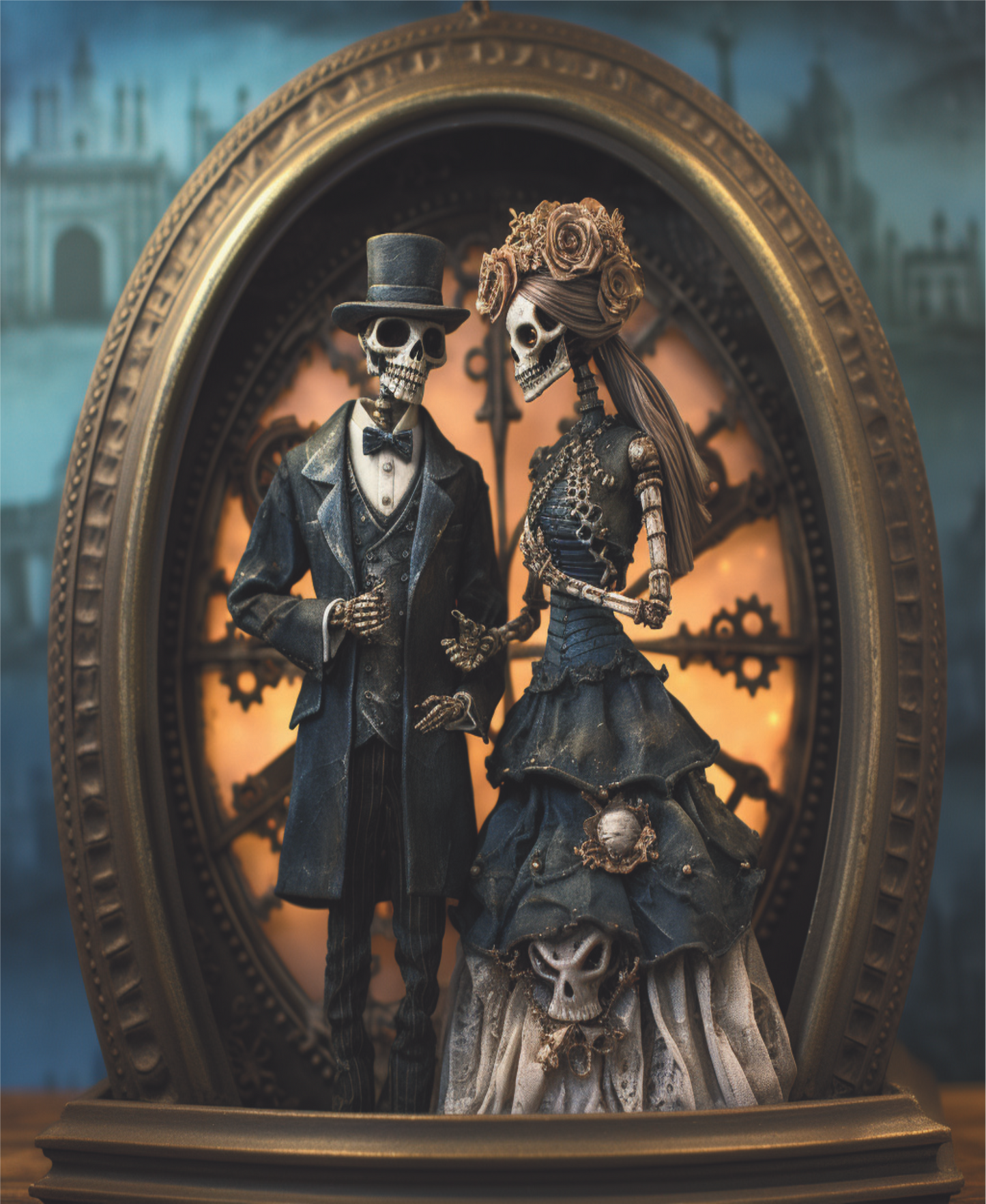 Skeleton couple in frame- Steampunk 8x10