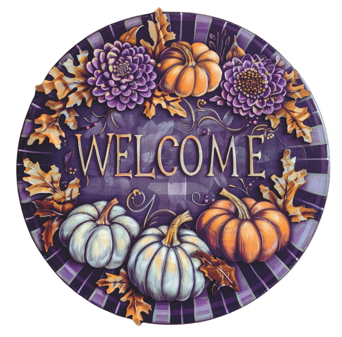 Welcome Fall in Plums and Oranges Sign Round
