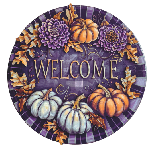 Welcome fall plum purple and orange pumpkins Sign Round