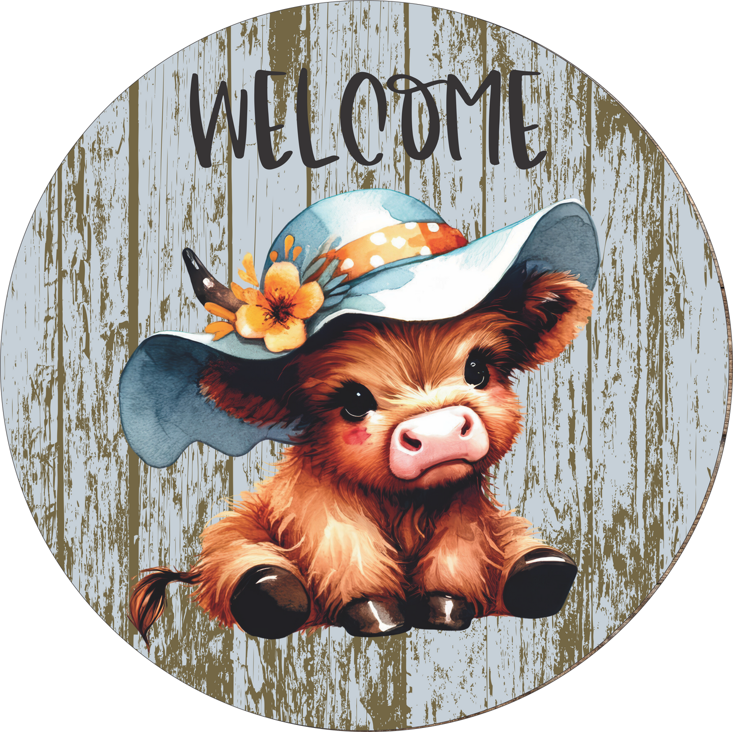 Welcome Baby Cow in blue hat  Round
