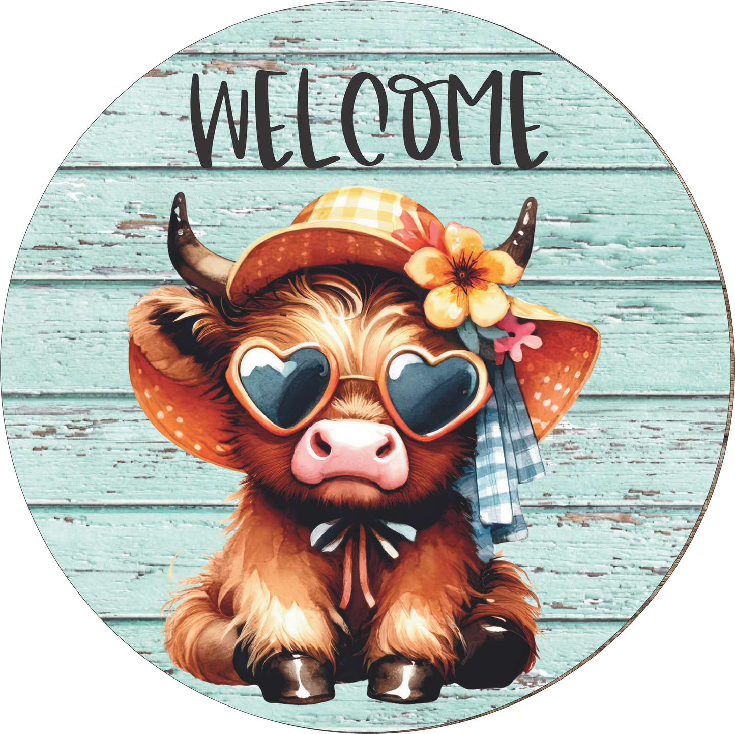 Welcome Baby Cow in hat and sunglasses Round
