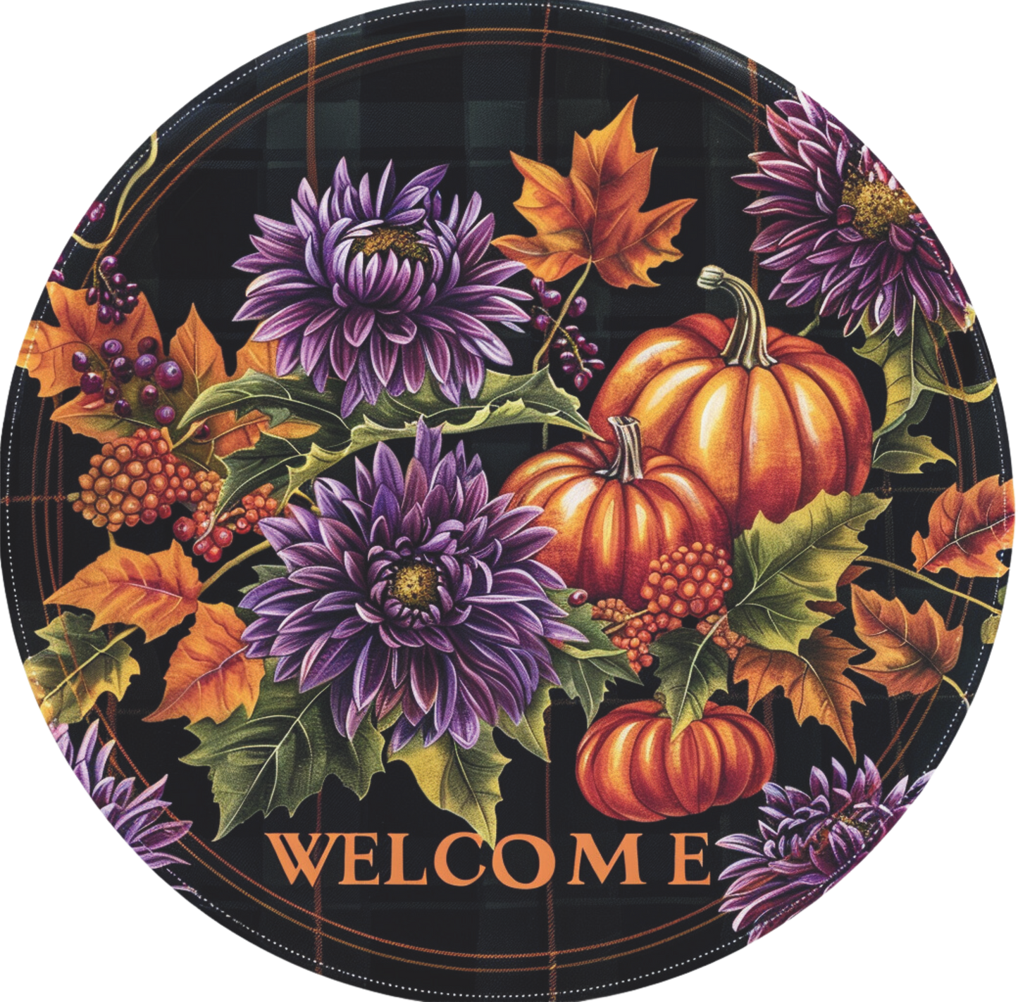 Welcome black plaid with pumpkins Sign Round