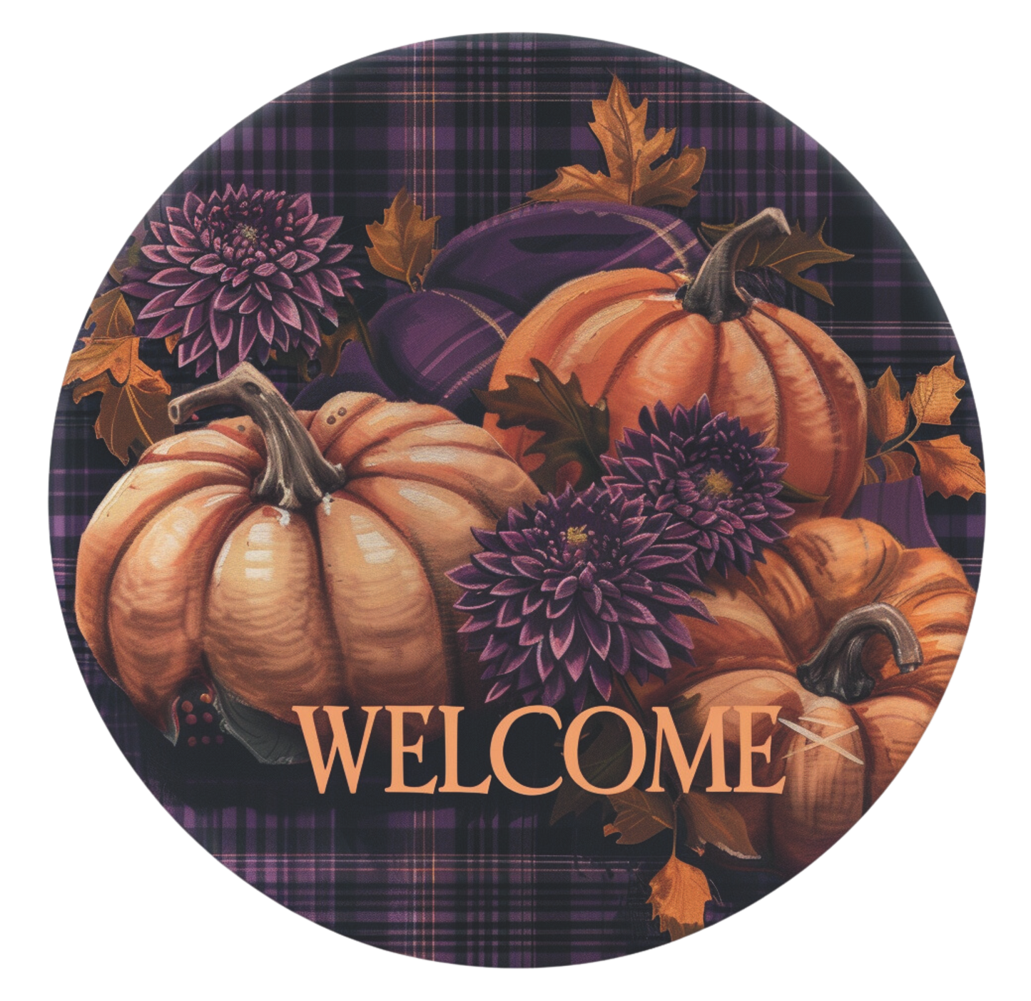 Welcome  Fall plaid plum florals and pumpkins Sign Round