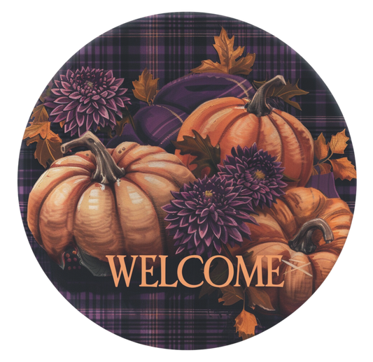 Welcome fall plaid plum flowers and pumpkins Sign Round