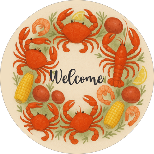 Welcome Crawfish Boil Round Sublimation Sign – Coastal Kitchen or Patio Decor