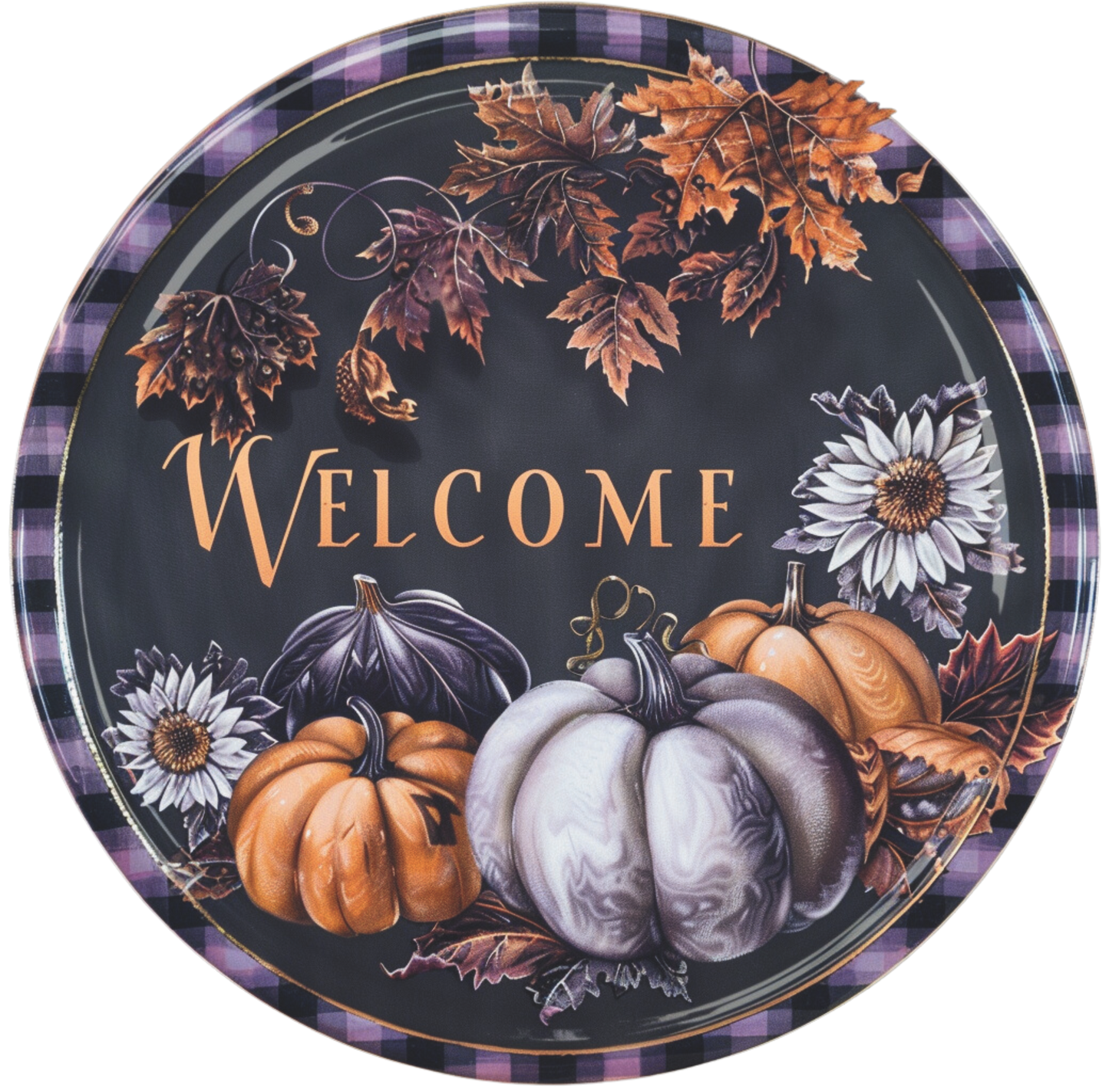 Welcome pumpkins in muted plums and oranges Sign Round