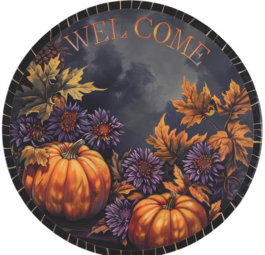 Welcome fall muted plum and orange pumpkins faded black background Sign Round
