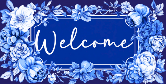 Welcome royal blue with navy, blue and white florals 6 x 12