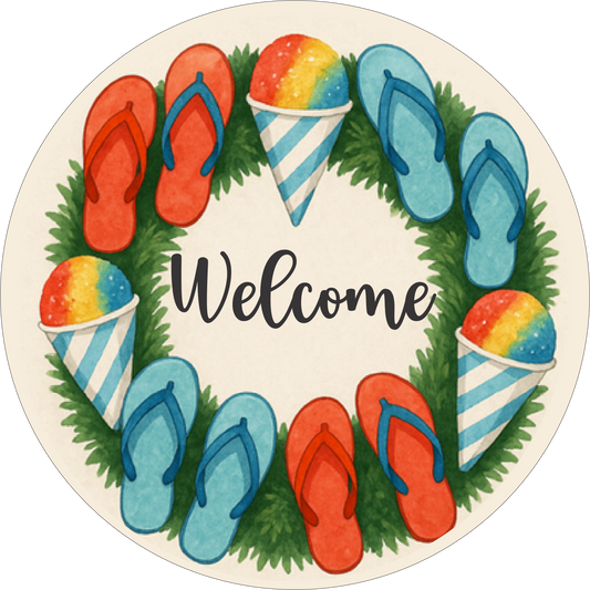 Summer Welcome Sign – Flip Flops & Frozen Treats Round Sublimation Decor