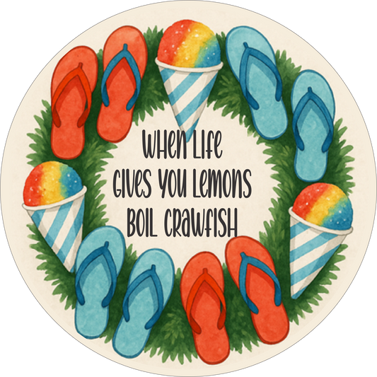 Wen life gives you lemons boil crawfish with frozen ice and flip flops Round Sign