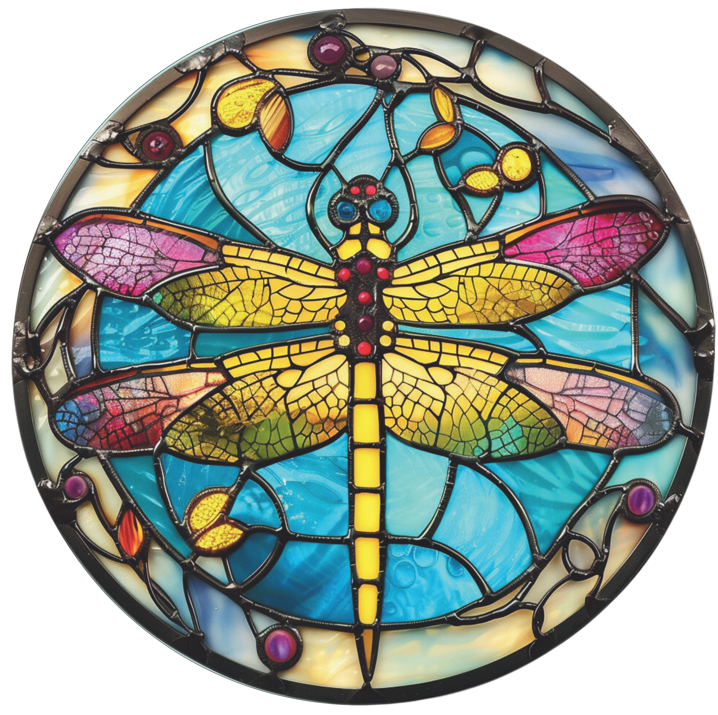 Multicolor Dragonfly Realistic Faux Stained Glass Round