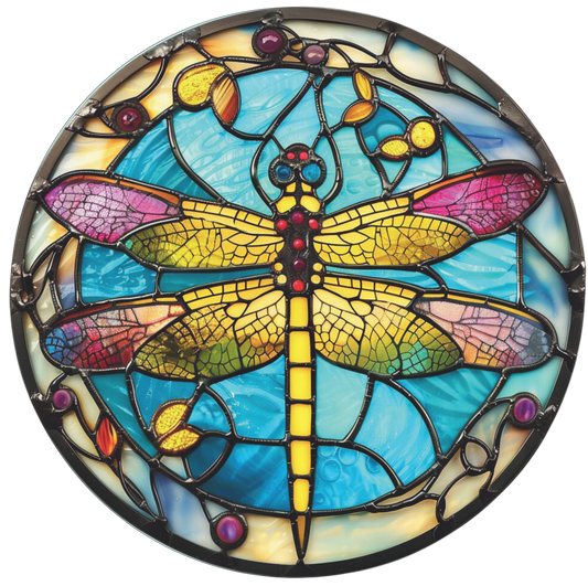 Multicolor Dragonfly Realistic Faux Stained Glass Round
