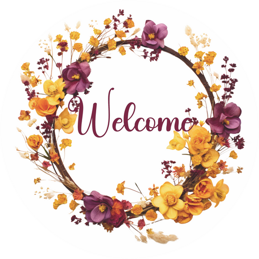 Yellow, Plum and orange floral Welcome wreath round Sign