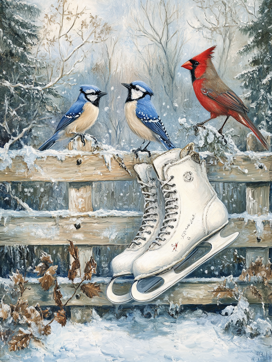 Ice skates with blue birds and cardinals