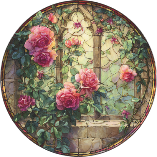 Faux Stained Glass Roses Scene Round Sign