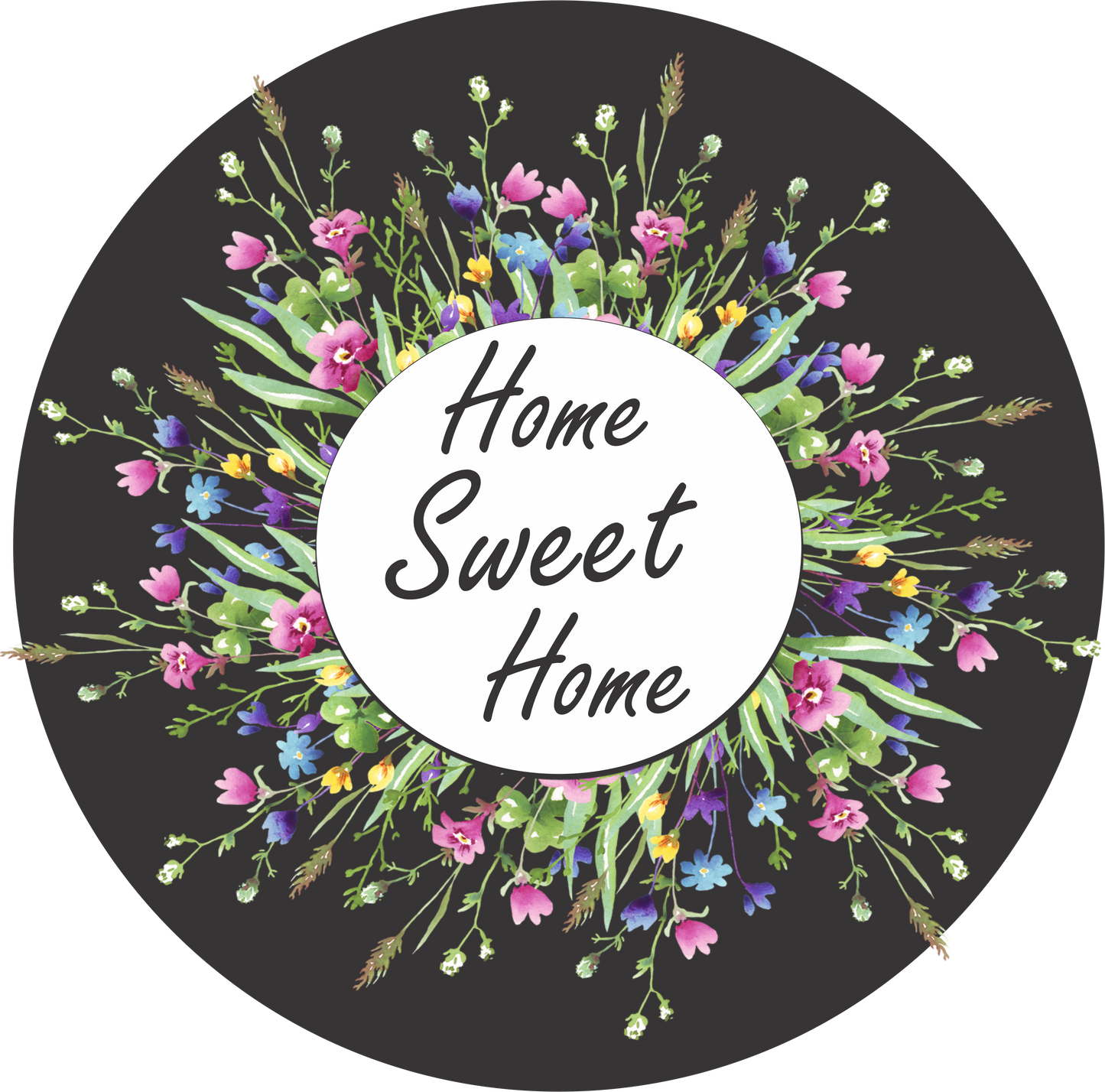 Home Sweet Home Dark BG Floral Wreath Round