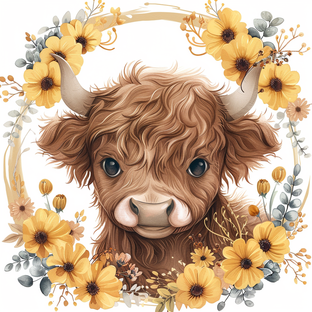 Highland Cow with Yellow Flowers Round