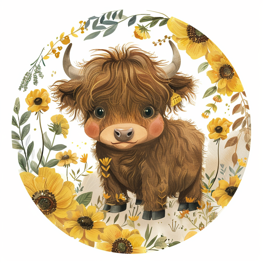 Baby Highland Cow with Sunflowers Round