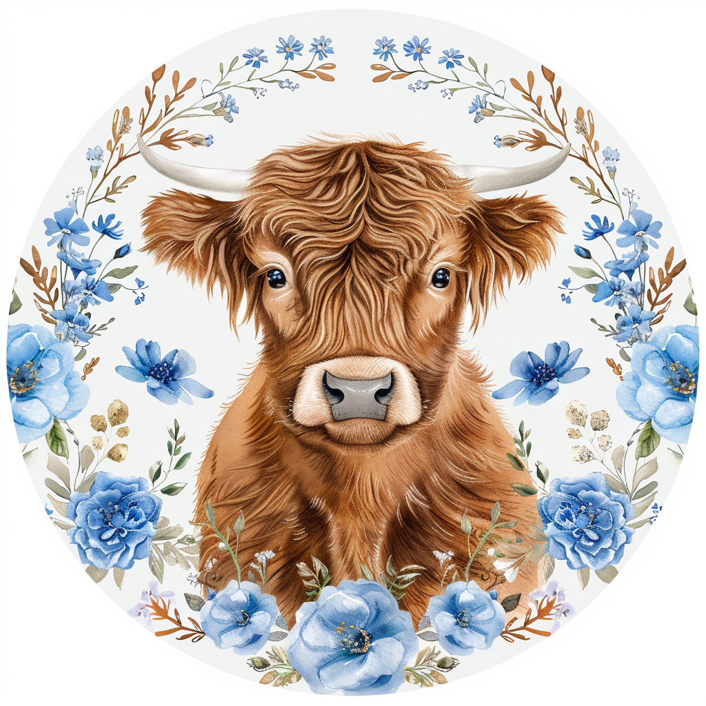 Highland Cow surrounded  by blue flowers Round