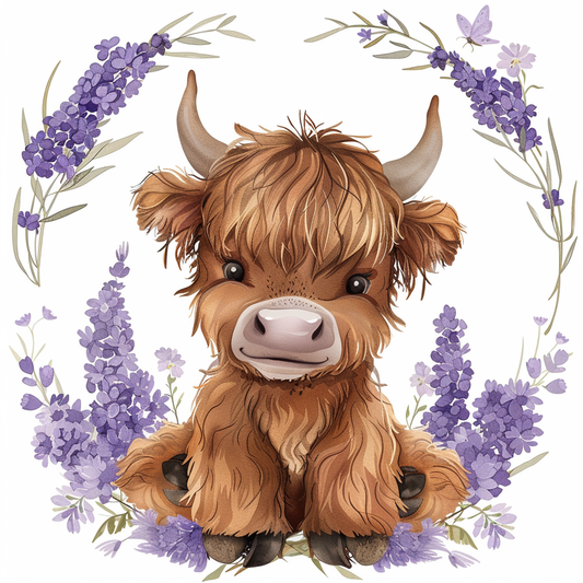Baby Highland Cow with Purple Flowers Round