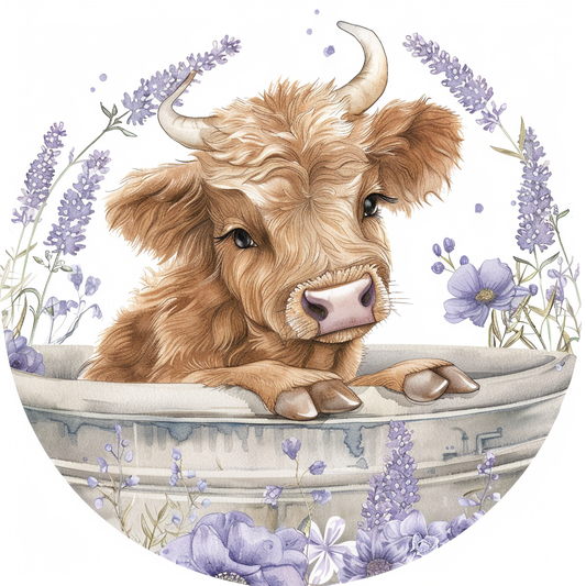 Highland Cow in a tub with Purple Flowers Round