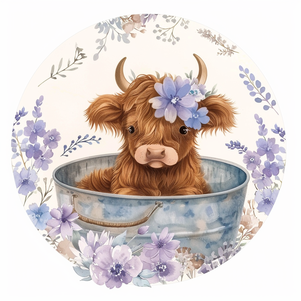 Baby Highland Cow in a bathtub with Purple Flowers Round