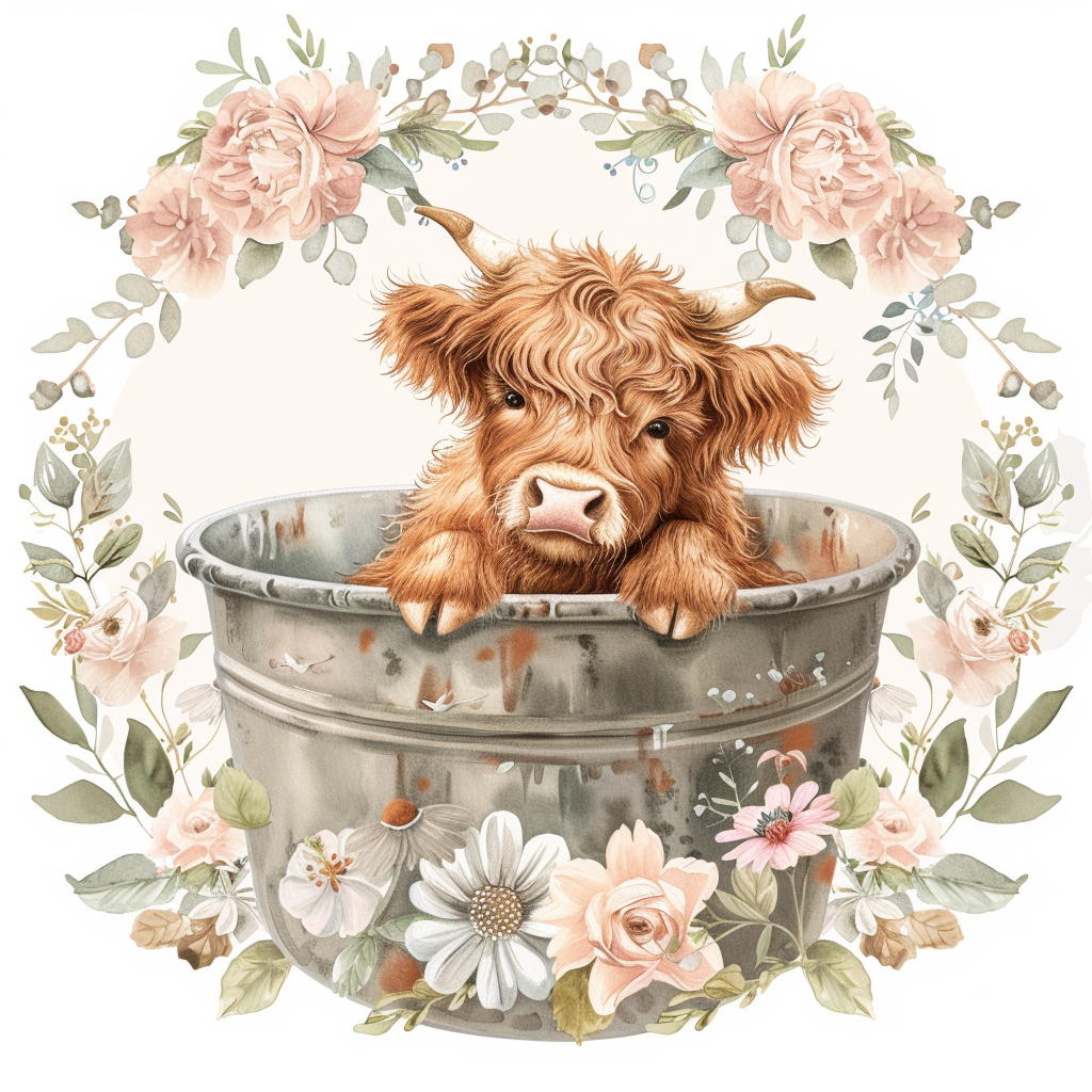 Highland Cow with Peach Flowers Round