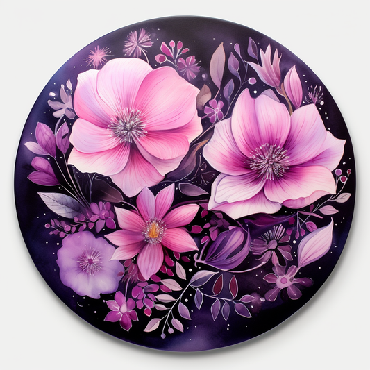 Pink and purple Flowers on black  Round