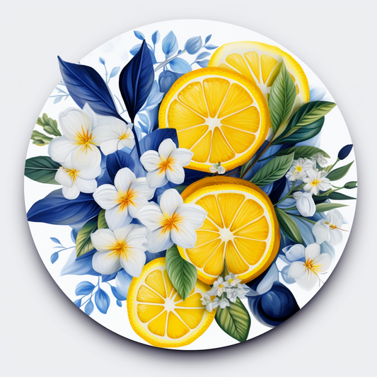 Lemons with white and blue florals Round
