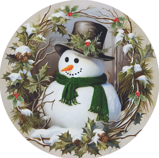 Snowman in wreath frame with red berries wreath Sign Round