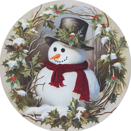 Snowman in wreath frame with red berries and red scarf wreath Sign Round