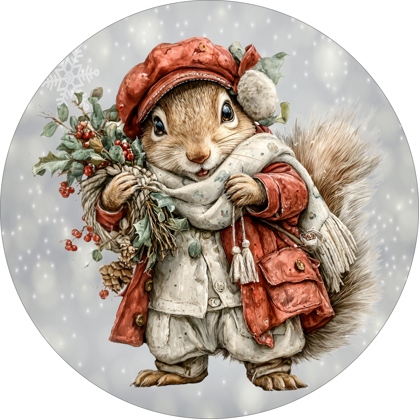 Squirrel carrying Christmas greenery Round Sign