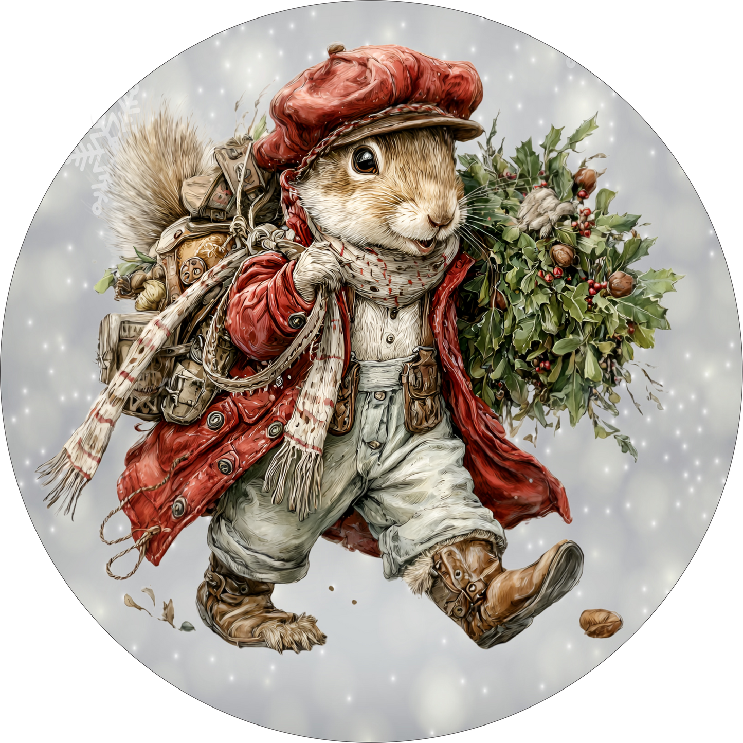 Squirrel gathering greenery for Christmas Round Sign