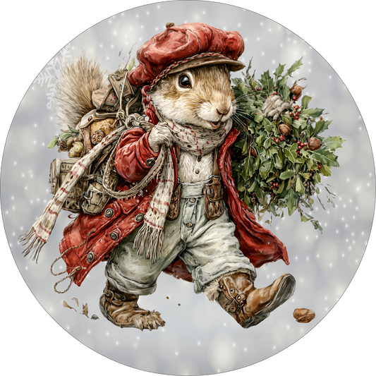 Squirrel gathering greenery for Christmas Round Sign