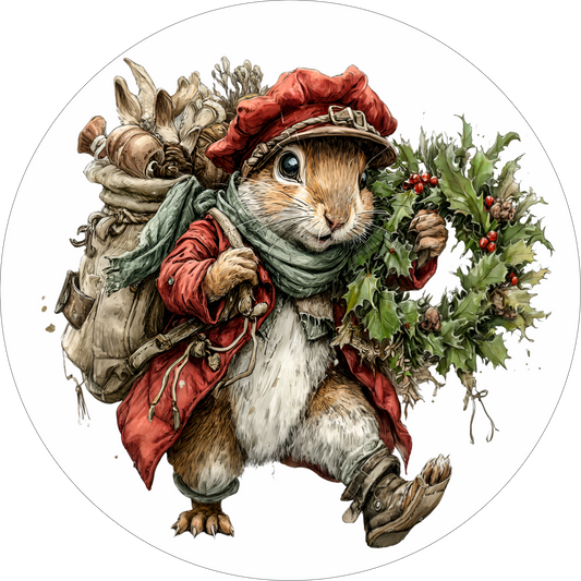 Squirrel carrying Christmas wreath Round Sign