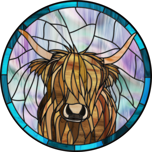 Highland Cow Stained Glass Look Wreath Sign Round