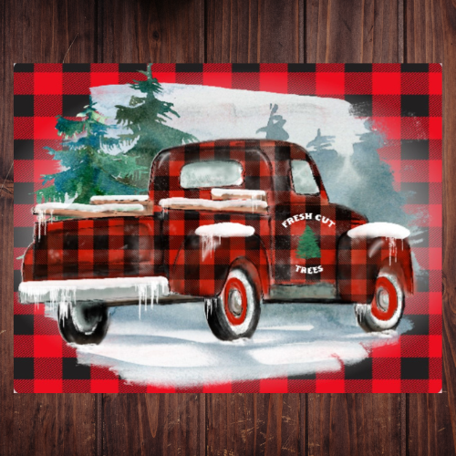 Black and Red Plaid Truck in snow sign