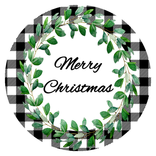 Black and White Plaid Merry Christmas Green wreath Sign Round