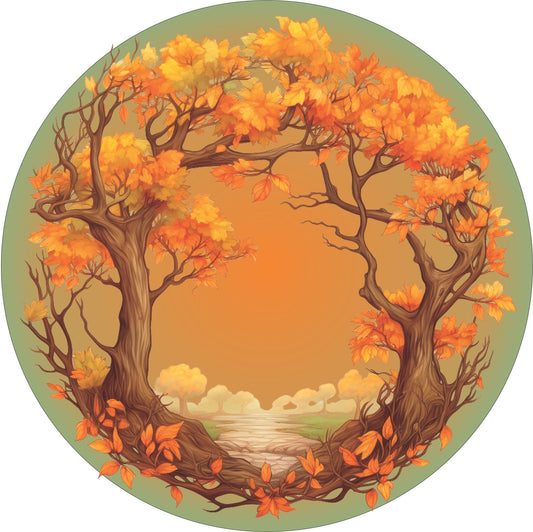 Fall Leaves with Sunset background Round Sign