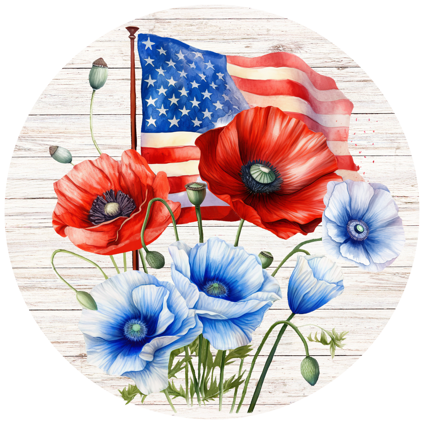 Watercolor Patriotic Flag & Flowers Round Sign