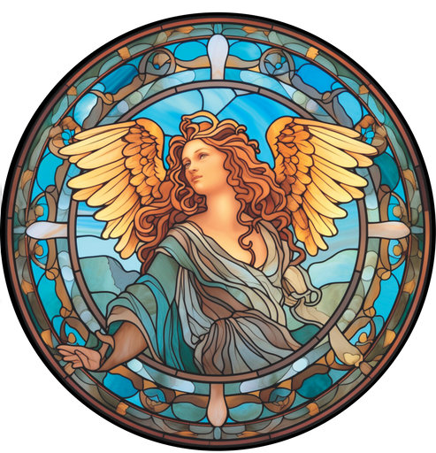 Angel in blues Faux Stained Glass Look Wreath Sign Round – RCL Signs ...