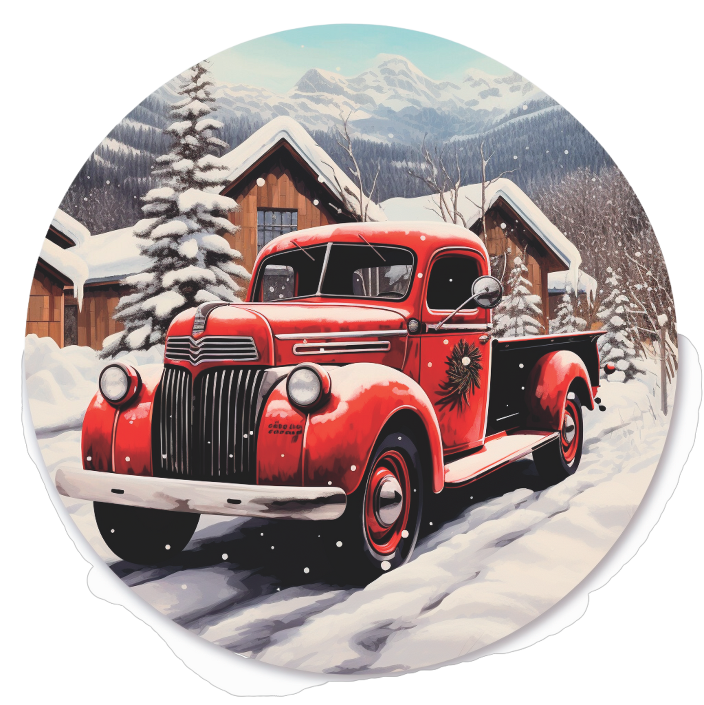 Black and Red Truck in front of a farmhouse Wreath Round Sign