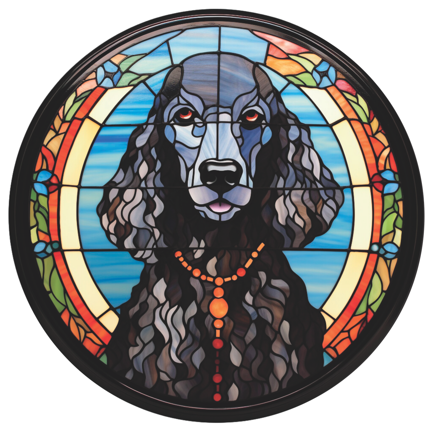 Black Standard Poodle Colorful Background Faux Stained Glass Wreath Sign Round