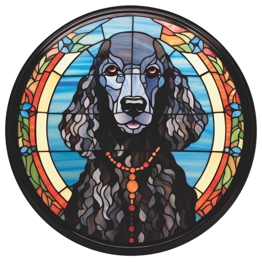 Black Standard Poodle Colorful Background Faux Stained Glass Wreath Sign Round