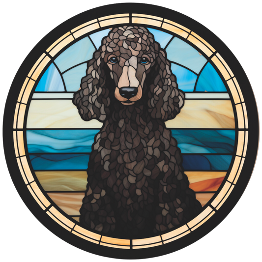 Black Standard Poodle Faux Stained Glass Wreath Sign Round