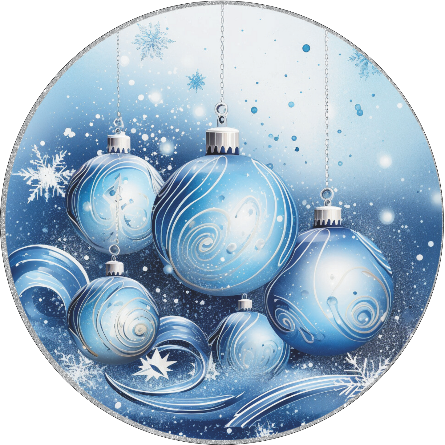 Blue and Silver Ornaments with Snowflakes and Swirls Round