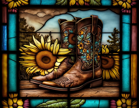 Sunflower Cowgirl boots Faux Stained Glass Look Sign 9x7
