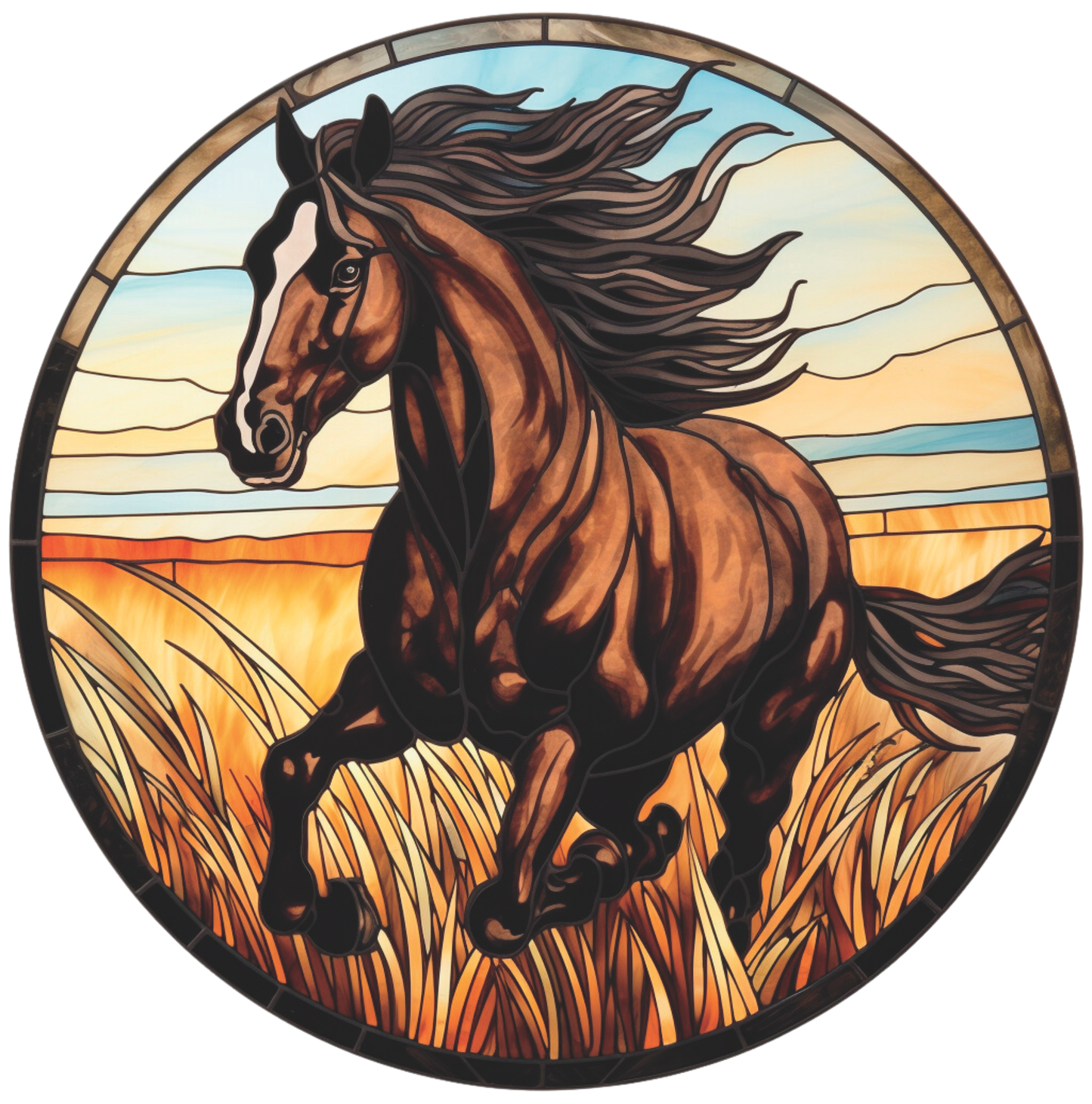 Brown Horse Running Daytime Stained Glass Round Sign