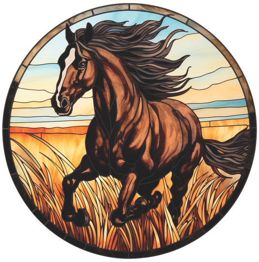 Brown Horse Running Daytime Stained Glass Round Sign
