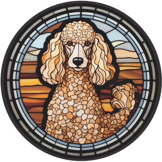 Brown and White Standard Poodle Faux Stained Glass Wreath Sign Round